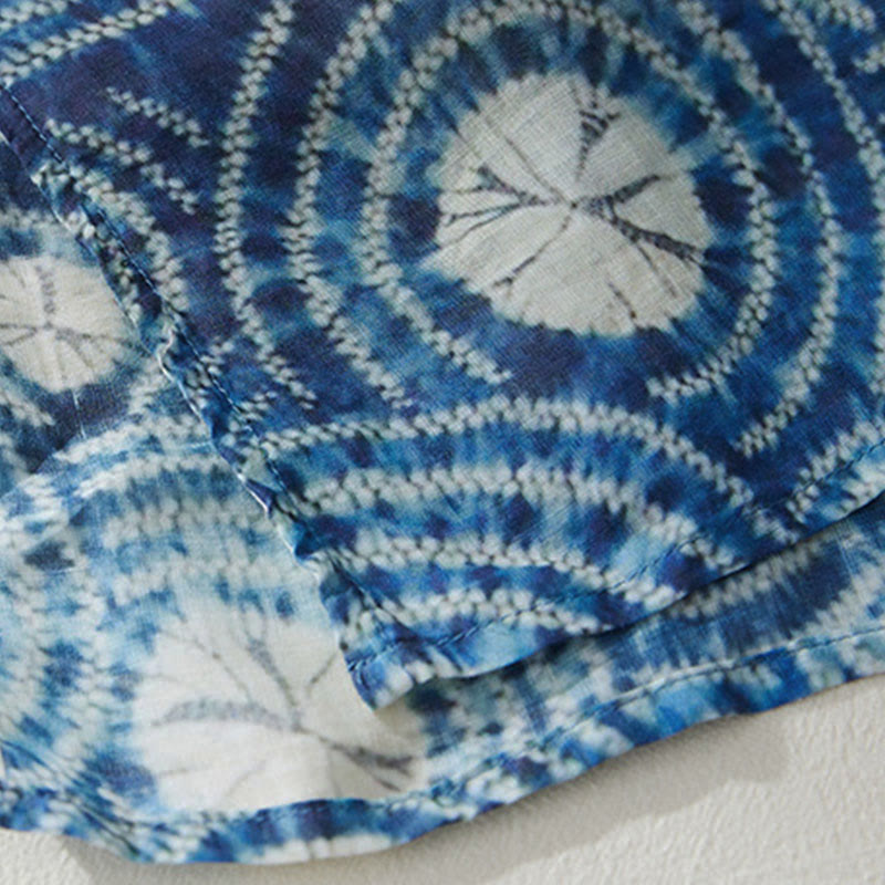 Abito midi a maniche corte con tasche, motivo floreale blu a righe, forma circolare, colletto rialzato, estivo , Buddha Stones - image 5