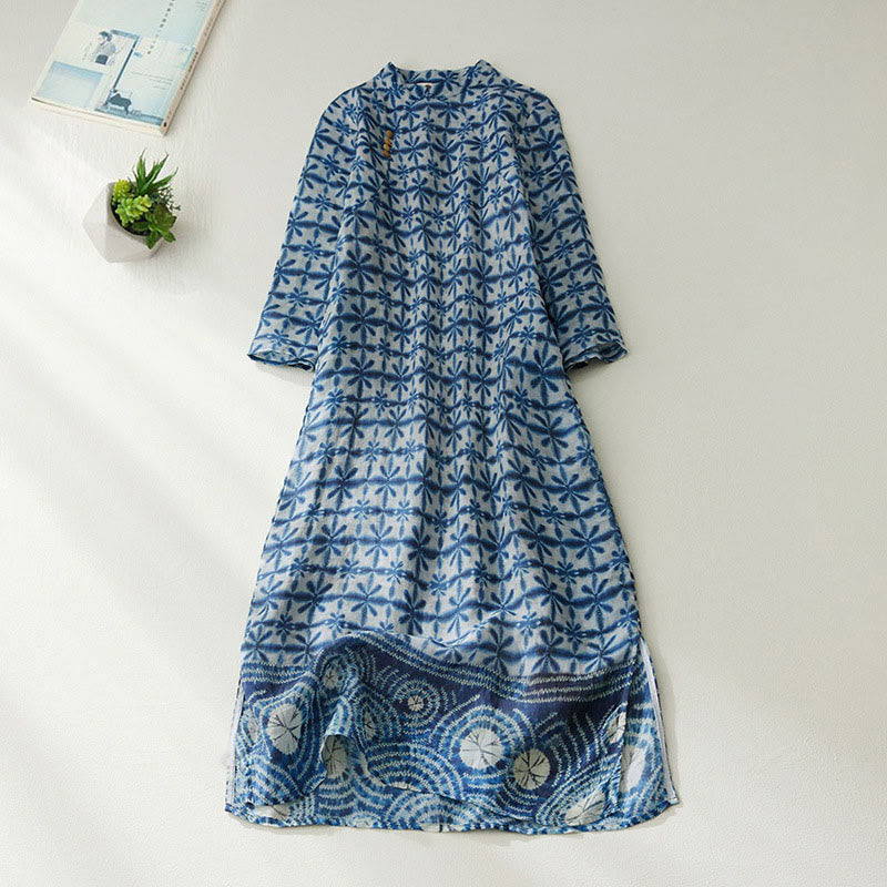 Abito midi dritto a maniche corte con maniche corte e tasche, con stampa floreale a righe blu e motivo Buddha Stones. - Blu fiordaliso - US12, UK/AU16, EU44 (3XL) - image 0