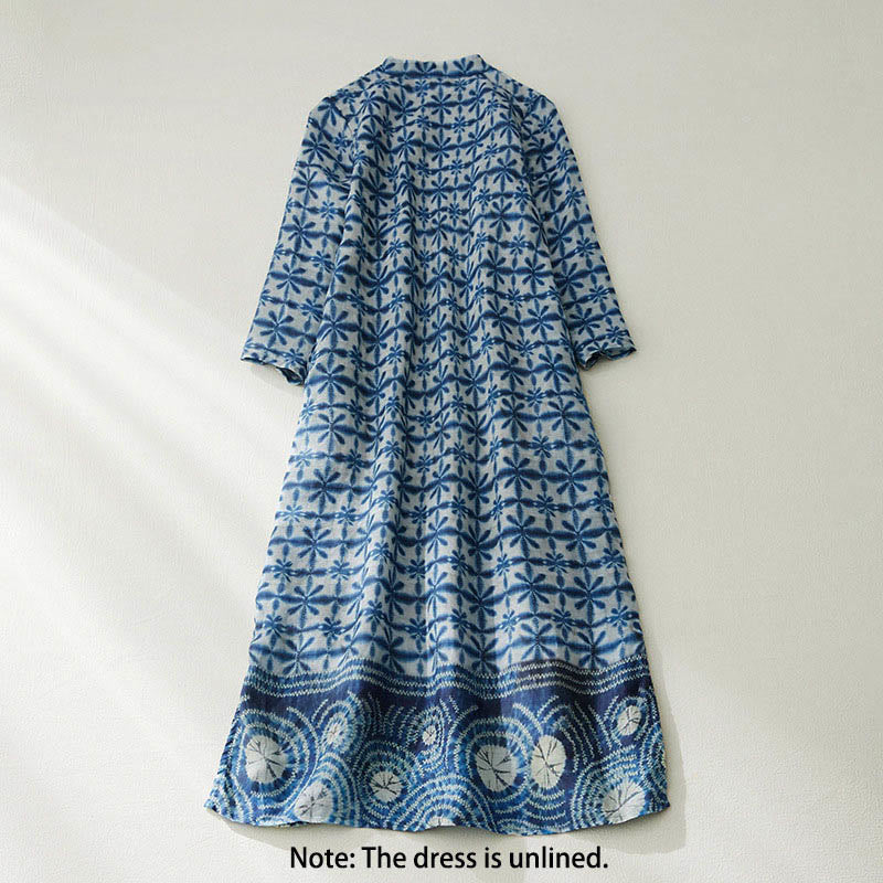 Abito midi dritto a maniche corte con maniche corte e tasche, con stampa floreale a righe blu e motivo Buddha Stones. - image 1