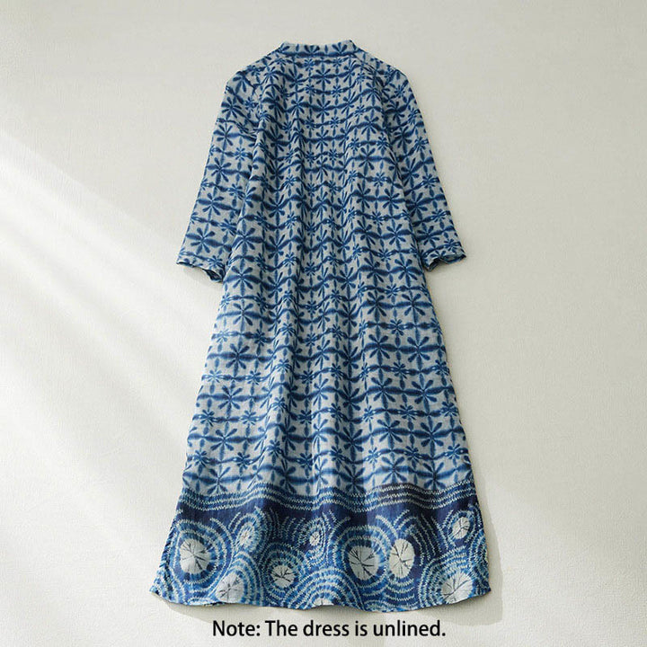 Abito midi dritto a maniche corte con maniche corte e tasche, con stampa floreale a righe blu e motivo Buddha Stones. - image 1