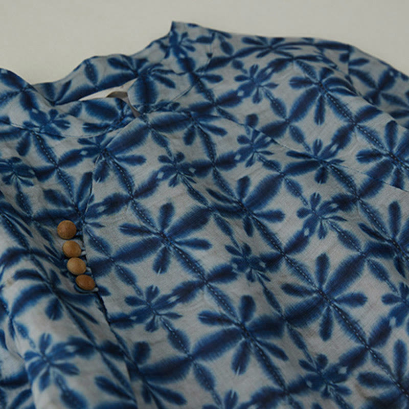 Abito midi a maniche corte con tasche, motivo floreale blu a righe, forma circolare, colletto rialzato, estivo , Buddha Stones - image 2