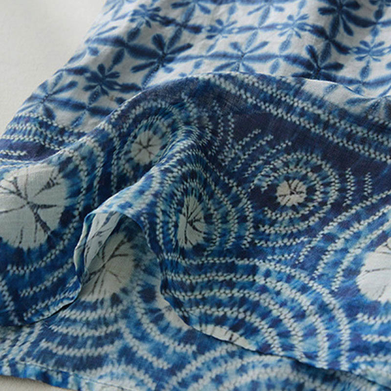 Abito midi a maniche corte con tasche, motivo floreale blu a righe, forma circolare, colletto rialzato, estivo , Buddha Stones - image 6