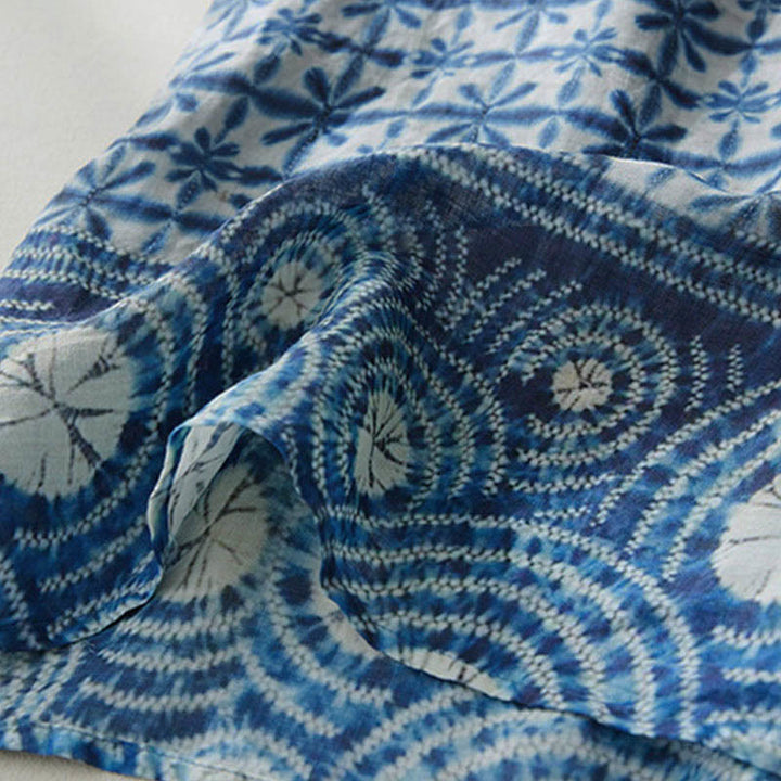 Abito midi a maniche corte con tasche, motivo floreale blu a righe, forma circolare, colletto rialzato, estivo , Buddha Stones - image 6