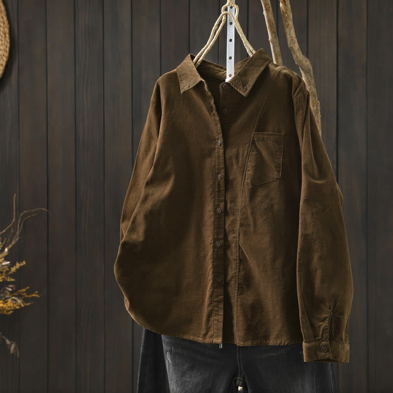 Camicia da donna in cotone a maniche lunghe con colletto rialzato, tasca decorativa e bottoni a tinta unita, Buddha Stones Fall - Marrone sella - US4, UK/AU8, EU36 (L) - image 0