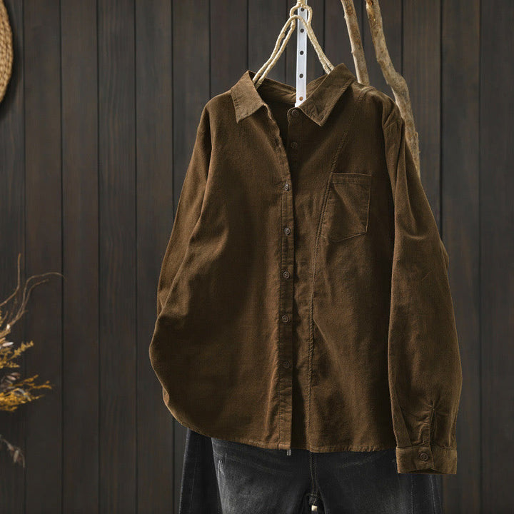 Camicia da donna in cotone a maniche lunghe con colletto rialzato, tasca decorativa e bottoni a tinta unita, Buddha Stones Fall - Marrone sella - US4, UK/AU8, EU36 (L) - image 0