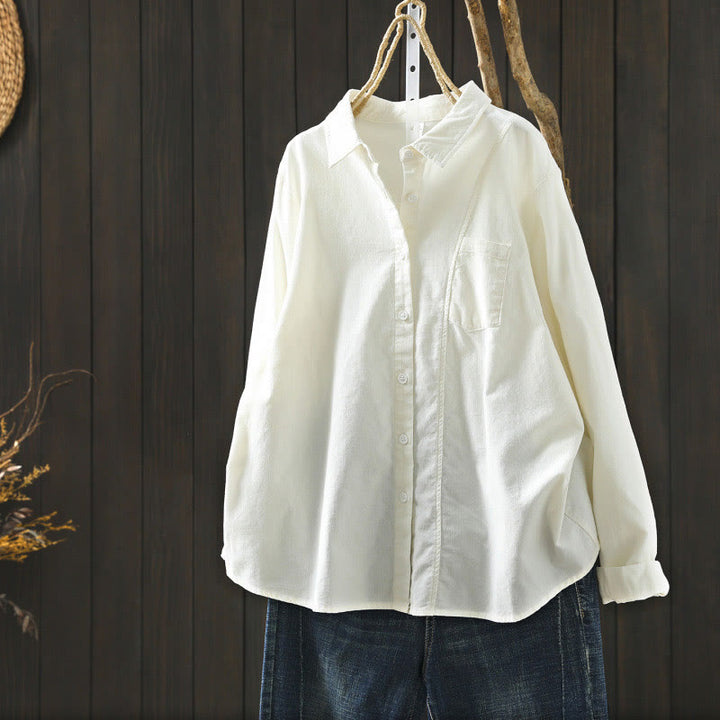 Camicia da donna in cotone a maniche lunghe con colletto rialzato, tasca decorativa e bottoni a tinta unita, Buddha Stones Fall - Bianco - US4, UK/AU8, EU36 (L) - image 30
