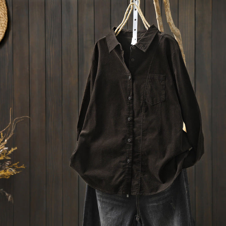 Camicia da donna in cotone a maniche lunghe con colletto rialzato, tasca decorativa e bottoni a tinta unita, Buddha Stones Fall - Siena - US4, UK/AU8, EU36 (L) - image 16