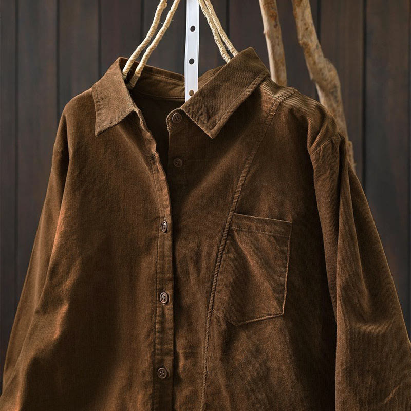 Camicia da donna in cotone a maniche lunghe con colletto rialzato, tasca decorativa e bottoni a tinta unita, Buddha Stones Fall - image 4