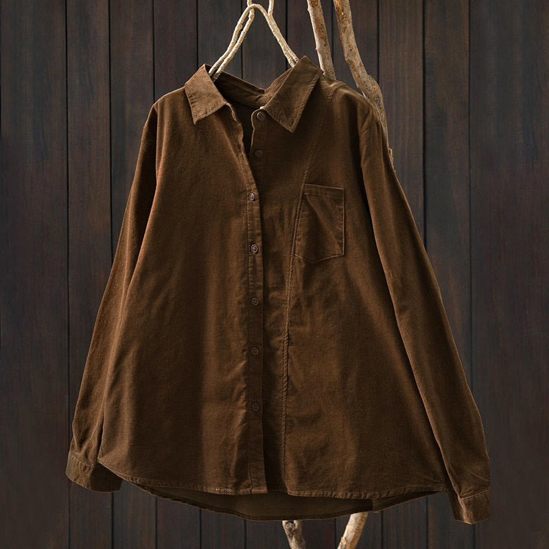 Camicia da donna in cotone a maniche lunghe con colletto rialzato, tasca decorativa e bottoni a tinta unita, Buddha Stones Fall - image 1