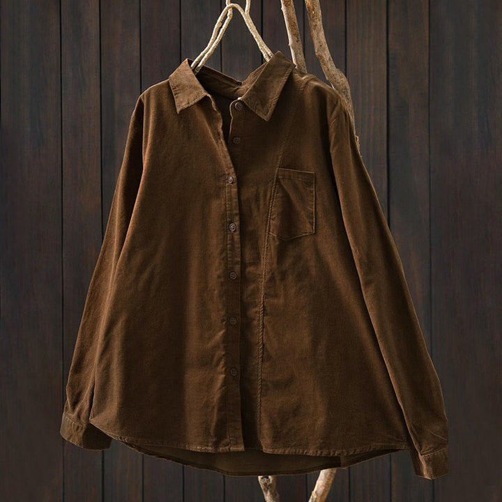 Camicia da donna in cotone a maniche lunghe con colletto rialzato, tasca decorativa e bottoni a tinta unita, Buddha Stones Fall - image 1