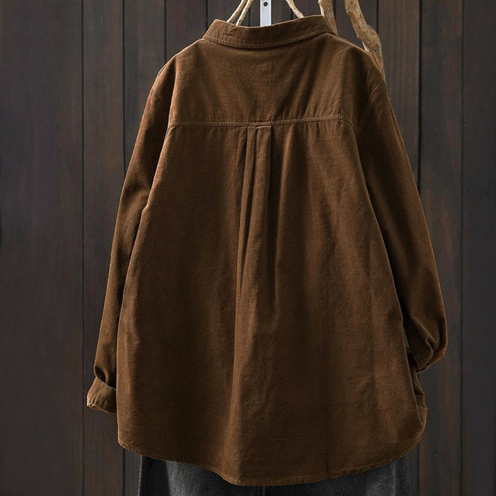 Camicia da donna in cotone a maniche lunghe con colletto rialzato, tasca decorativa e bottoni a tinta unita, Buddha Stones Fall - image 2