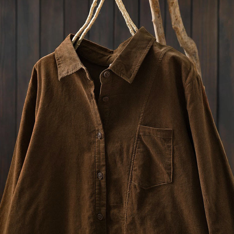 Camicia da donna in cotone a maniche lunghe con colletto rialzato, tasca decorativa e bottoni a tinta unita, Buddha Stones Fall - image 3