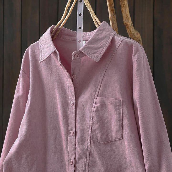 Camicia da donna in cotone a maniche lunghe con colletto rialzato, tasca decorativa e bottoni a tinta unita, Buddha Stones Fall - image 21