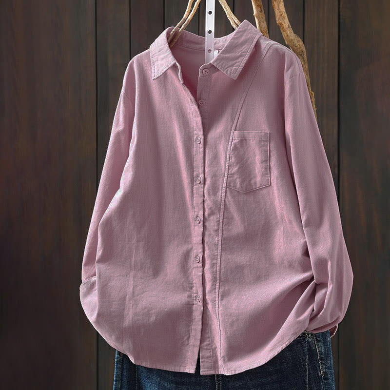 Camicia da donna in cotone a maniche lunghe con colletto rialzato, tasca decorativa e bottoni a tinta unita, Buddha Stones Fall - image 20