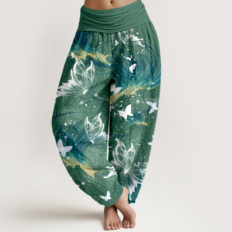 Pantaloni harem da donna con elastico in vita e motivo a farfalla in puro cotone Buddha Stones - SeaGreen - US16, UK/AU20, EU48 (3XL) - image 5