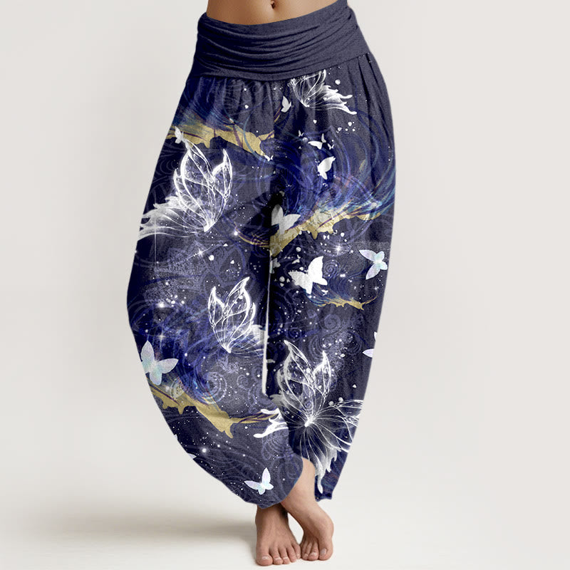 Pantaloni harem da donna con elastico in vita e motivo a farfalla in puro cotone Buddha Stones - Indaco - US16, UK/AU20, EU48 (3XL) - image 8