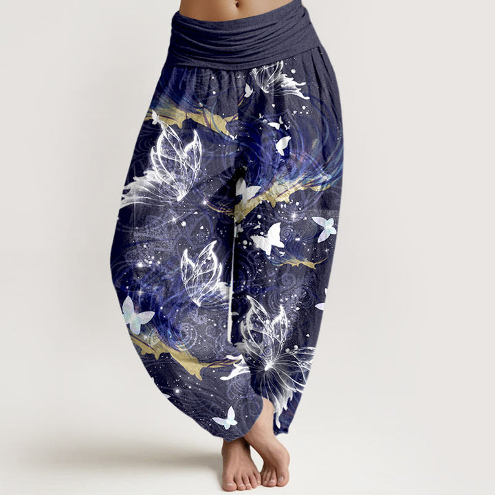 Pantaloni harem da donna con elastico in vita e motivo a farfalla in puro cotone Buddha Stones - Indaco - US16, UK/AU20, EU48 (3XL) - image 8