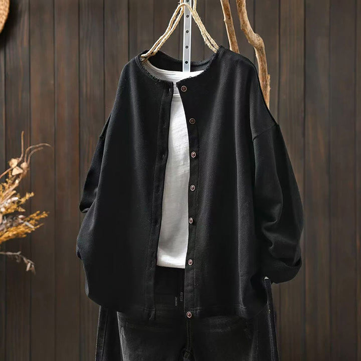 Camicia da donna in cotone con scollo rotondo, maniche lunghe e bottoni , Buddha Stones Fall Solid - Nero - US4-8/10， UK/AU8-12/14，EU36-40/42 (F) - image 16