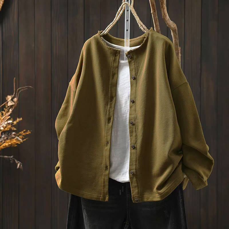 Camicia da donna in cotone con scollo rotondo, maniche lunghe e bottoni , Buddha Stones Fall Solid - Cachi scuro - US4-8/10， UK/AU8-12/14，EU36-40/42 (F) - image 0