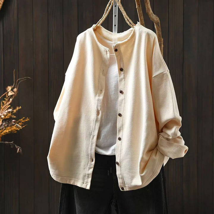 Camicia da donna in cotone con scollo rotondo, maniche lunghe e bottoni , Buddha Stones Fall Solid - Beige - US4-8/10， UK/AU8-12/14，EU36-40/42 (F) - image 20