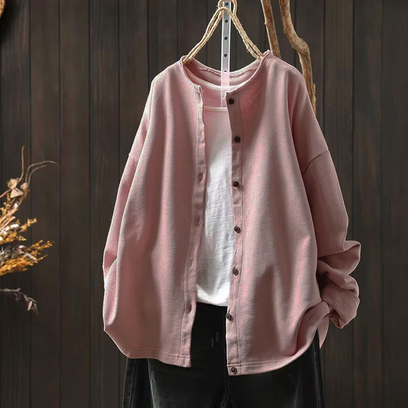 Camicia da donna in cotone con scollo rotondo, maniche lunghe e bottoni , Buddha Stones Fall Solid - Rosa - US4-8/10， UK/AU8-12/14，EU36-40/42 (F) - image 1