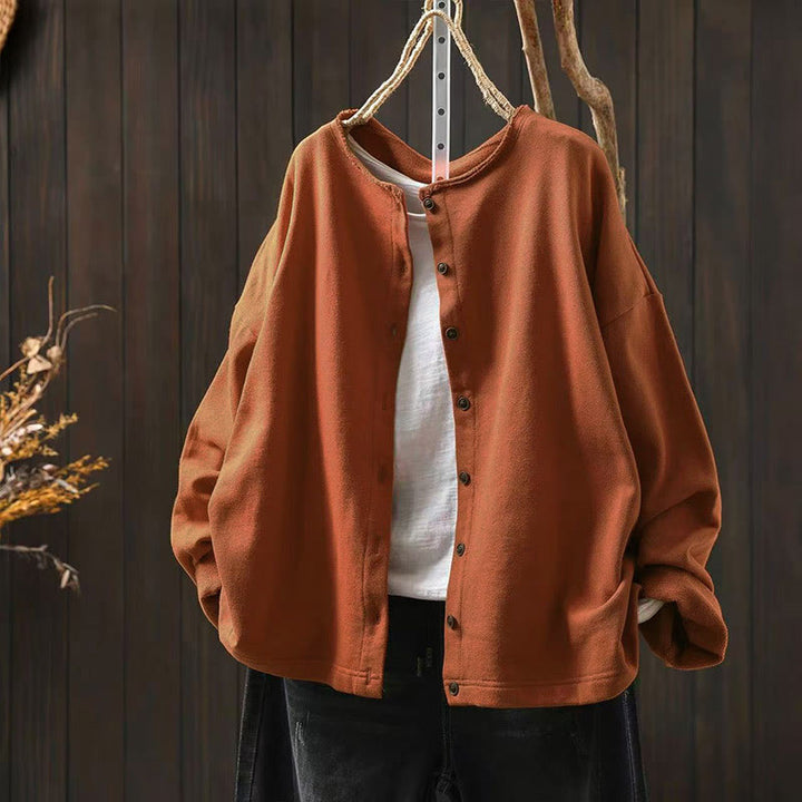 Camicia da donna in cotone con scollo rotondo, maniche lunghe e bottoni , Buddha Stones Fall Solid - Arancia - US4-8/10， UK/AU8-12/14，EU36-40/42 (F) - image 18