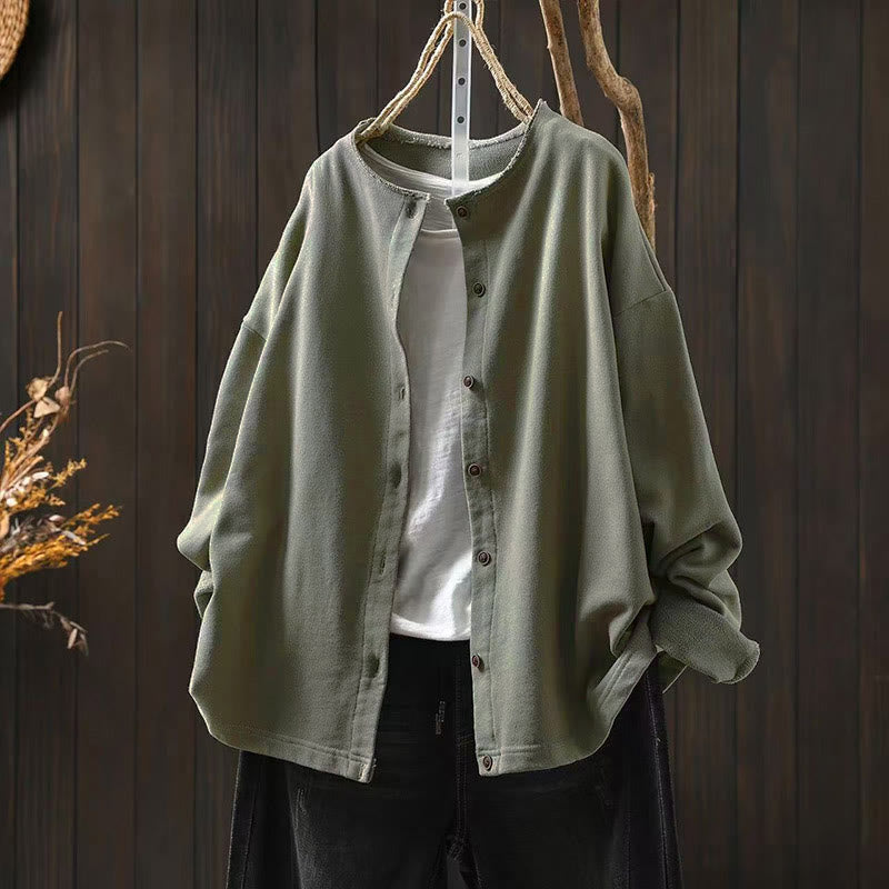 Camicia da donna in cotone con scollo rotondo, maniche lunghe e bottoni , Buddha Stones Fall Solid - DarkSeaGreen - US4-8/10， UK/AU8-12/14，EU36-40/42 (F) - image 22