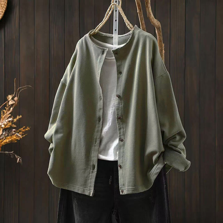 Camicia da donna in cotone con scollo rotondo, maniche lunghe e bottoni , Buddha Stones Fall Solid - DarkSeaGreen - US4-8/10， UK/AU8-12/14，EU36-40/42 (F) - image 22