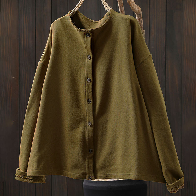 Camicia da donna in cotone con scollo rotondo, maniche lunghe e bottoni , Buddha Stones Fall Solid - image 6