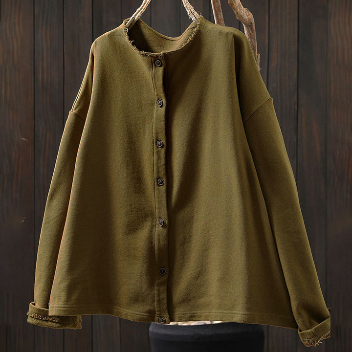 Camicia da donna in cotone con scollo rotondo, maniche lunghe e bottoni , Buddha Stones Fall Solid - image 6