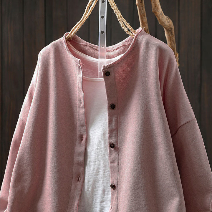 Camicia da donna in cotone con scollo rotondo, maniche lunghe e bottoni , Buddha Stones Fall Solid - image 2