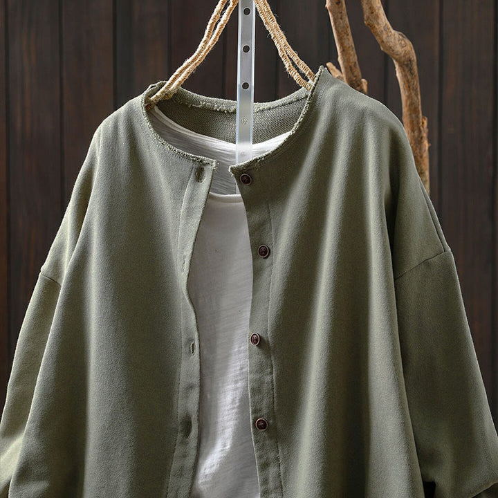 Camicia da donna in cotone con scollo rotondo, maniche lunghe e bottoni , Buddha Stones Fall Solid - image 23