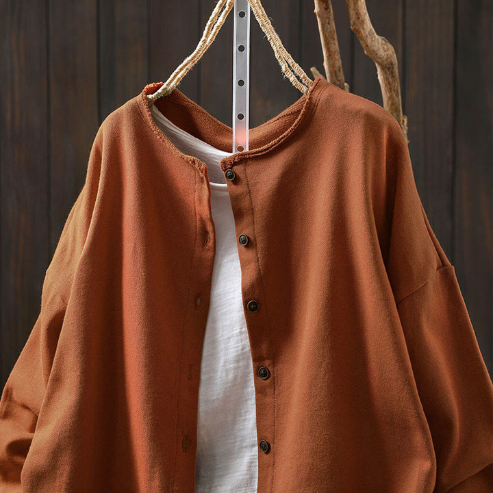 Camicia da donna in cotone con scollo rotondo, maniche lunghe e bottoni , Buddha Stones Fall Solid - image 19