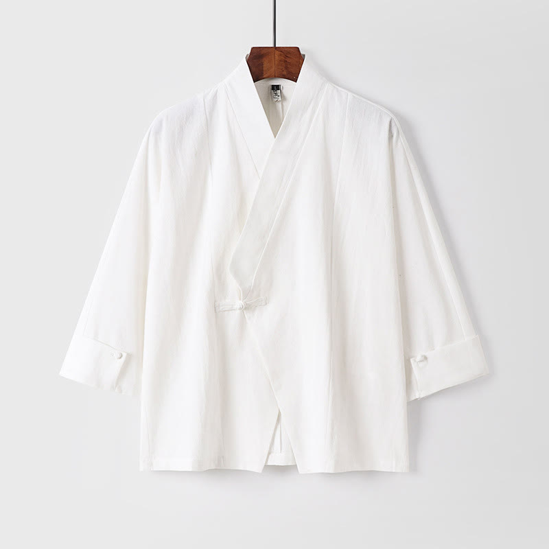 Giacca da uomo in lino e cotone con mezza manica, motivo Buddha Stones, con un bottone cinese e una rana - Bianco - US/UK/AU54, EU64 (9XL) - image 12