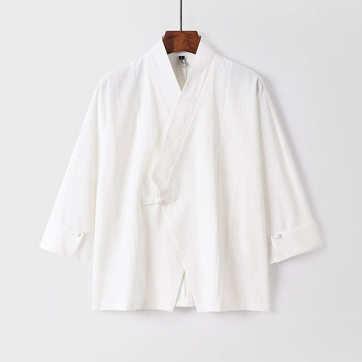 Giacca da uomo in lino e cotone con mezza manica, motivo Buddha Stones, con un bottone cinese e una rana - Bianco - US/UK/AU54, EU64 (9XL) - image 12