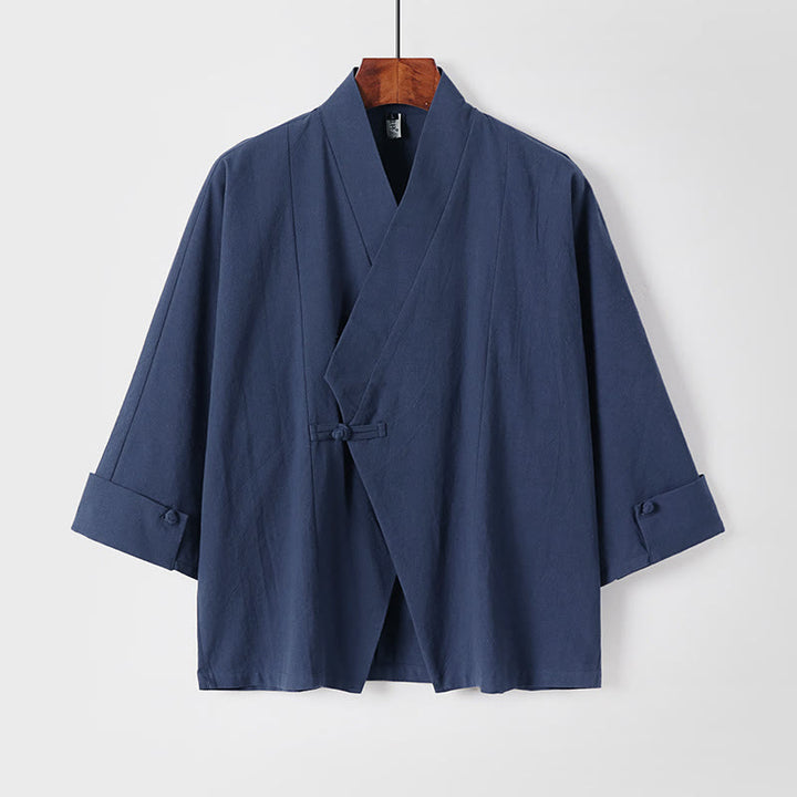 Giacca da uomo in lino e cotone con mezza manica, motivo Buddha Stones, con un bottone cinese e una rana - SteelBlue - US/UK/AU54, EU64 (9XL) - image 0