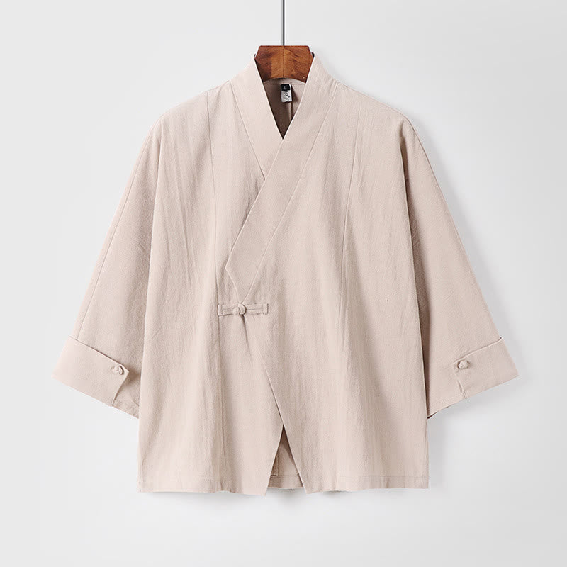 Giacca da uomo in lino e cotone con mezza manica, motivo Buddha Stones, con un bottone cinese e una rana - Beige - US/UK/AU54, EU64 (9XL) - image 11
