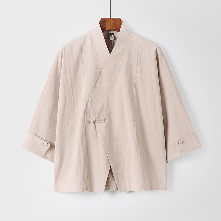 Giacca da uomo in lino e cotone con mezza manica, motivo Buddha Stones, con un bottone cinese e una rana - Beige - US/UK/AU54, EU64 (9XL) - image 11