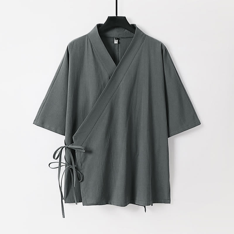 Kimono da uomo in cotone e lino con maniche a tre quarti, motivo Buddha Stones, con lacci semplici - Grigio - US/UK/AU54, EU64 (9XL) - image 0