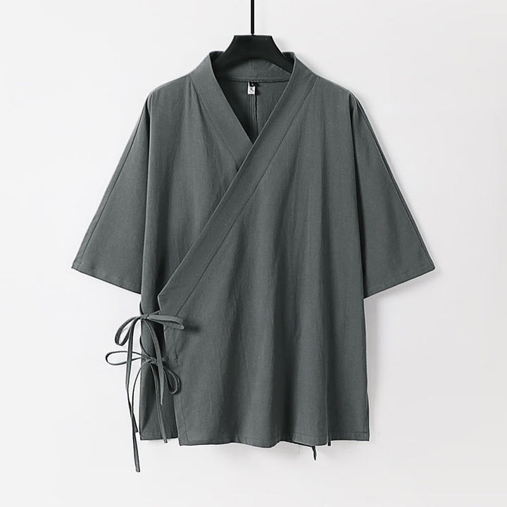 Kimono da uomo in cotone e lino con maniche a tre quarti, motivo Buddha Stones, con lacci semplici - Grigio - US/UK/AU54, EU64 (9XL) - image 0