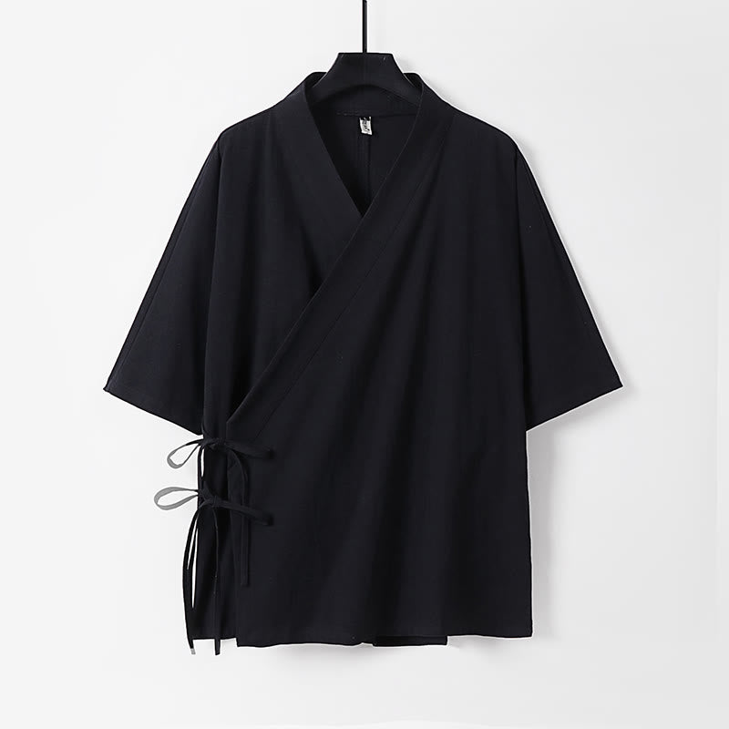 Kimono da uomo in cotone e lino con maniche a tre quarti, motivo Buddha Stones, con lacci semplici - Nero - US/UK/AU54, EU64 (9XL) - image 9