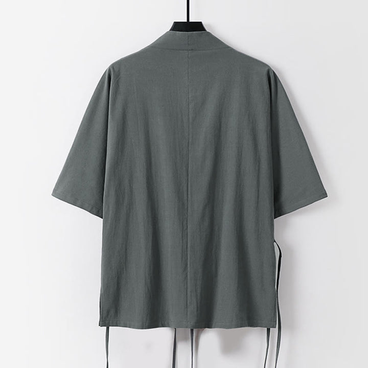 Kimono da uomo in cotone e lino con maniche a tre quarti, motivo Buddha Stones, con lacci semplici - image 1