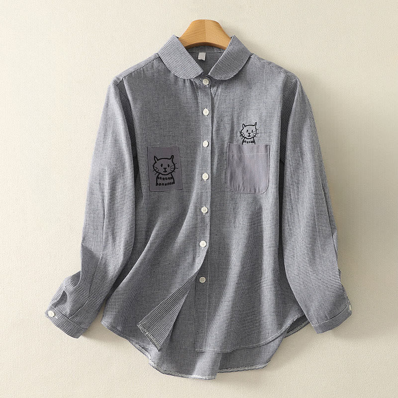 Camicia da donna a maniche lunghe con colletto rialzato, bottoni, ricamo a quadri con gatto e gattino, motivo Buddha Stones Fall - Grigio chiaro - US8-10, UK/AU12-14, EU40-42 (2XL) - image 0