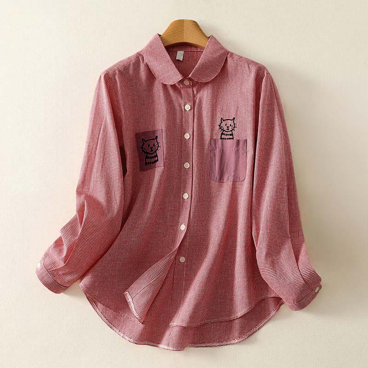 Camicia da donna a maniche lunghe con colletto rialzato, bottoni, ricamo a quadri con gatto e gattino, motivo Buddha Stones Fall - Corallo chiaro - US8-10, UK/AU12-14, EU40-42 (2XL) - image 5