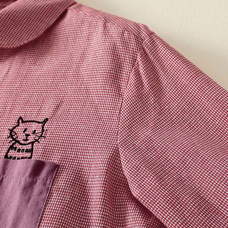 Camicia da donna a maniche lunghe con colletto rialzato, bottoni, ricamo a quadri con gatto e gattino, motivo Buddha Stones Fall - image 8
