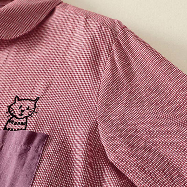 Camicia da donna a maniche lunghe con colletto rialzato, bottoni, ricamo a quadri con gatto e gattino, motivo Buddha Stones Fall - image 8
