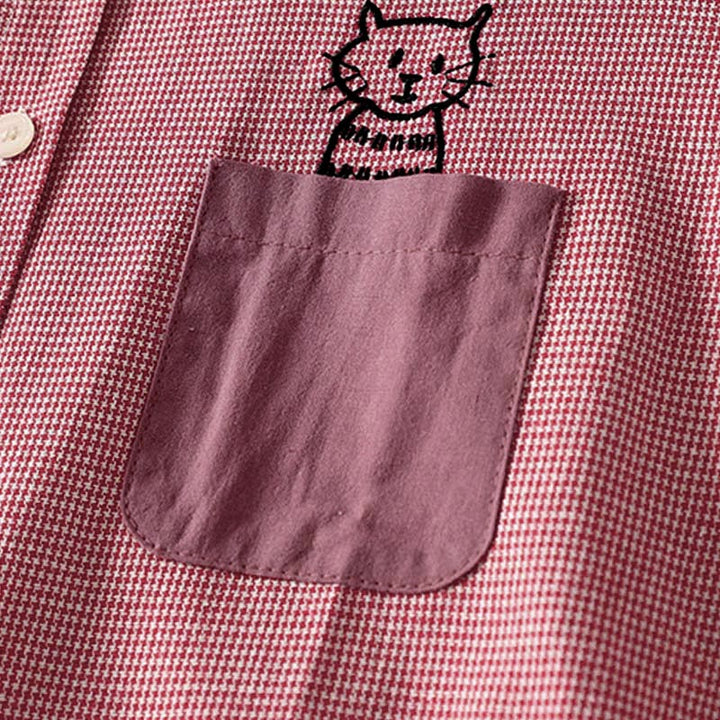 Camicia da donna a maniche lunghe con colletto rialzato, bottoni, ricamo a quadri con gatto e gattino, motivo Buddha Stones Fall - image 10