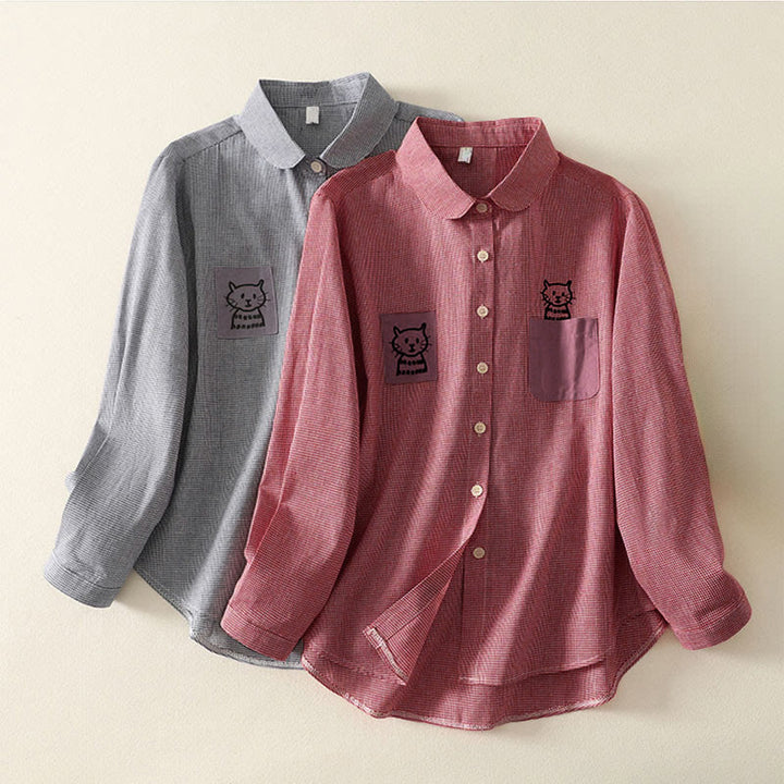 Camicia da donna a maniche lunghe con colletto rialzato, bottoni, ricamo a quadri con gatto e gattino, motivo Buddha Stones Fall - image 16