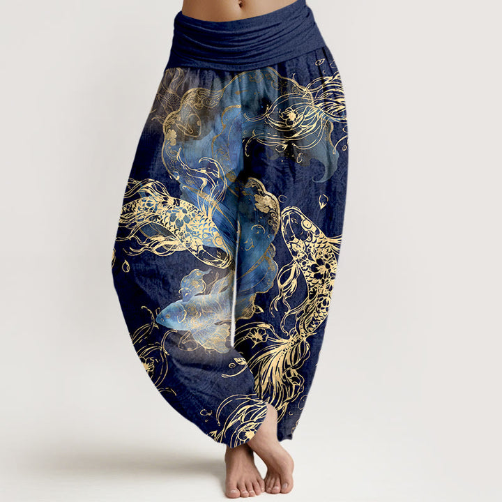 Pantaloni harem da donna con elastico in vita e motivo a pesci koi vivaci in puro cotone Buddha Stones - Blu scuro - US16, UK/AU20, EU48 (3XL) - image 0