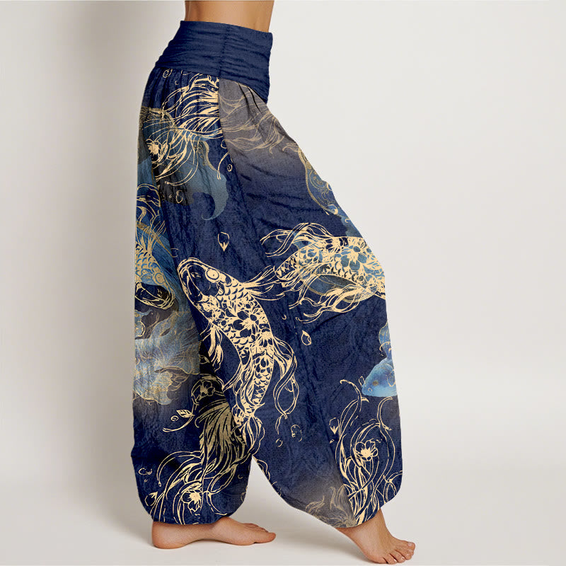 Pantaloni harem da donna con elastico in vita e motivo a pesci koi vivaci in puro cotone Buddha Stones - image 2